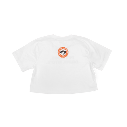 Back of white crop shirt with Vodka for Dog People Logo on top center