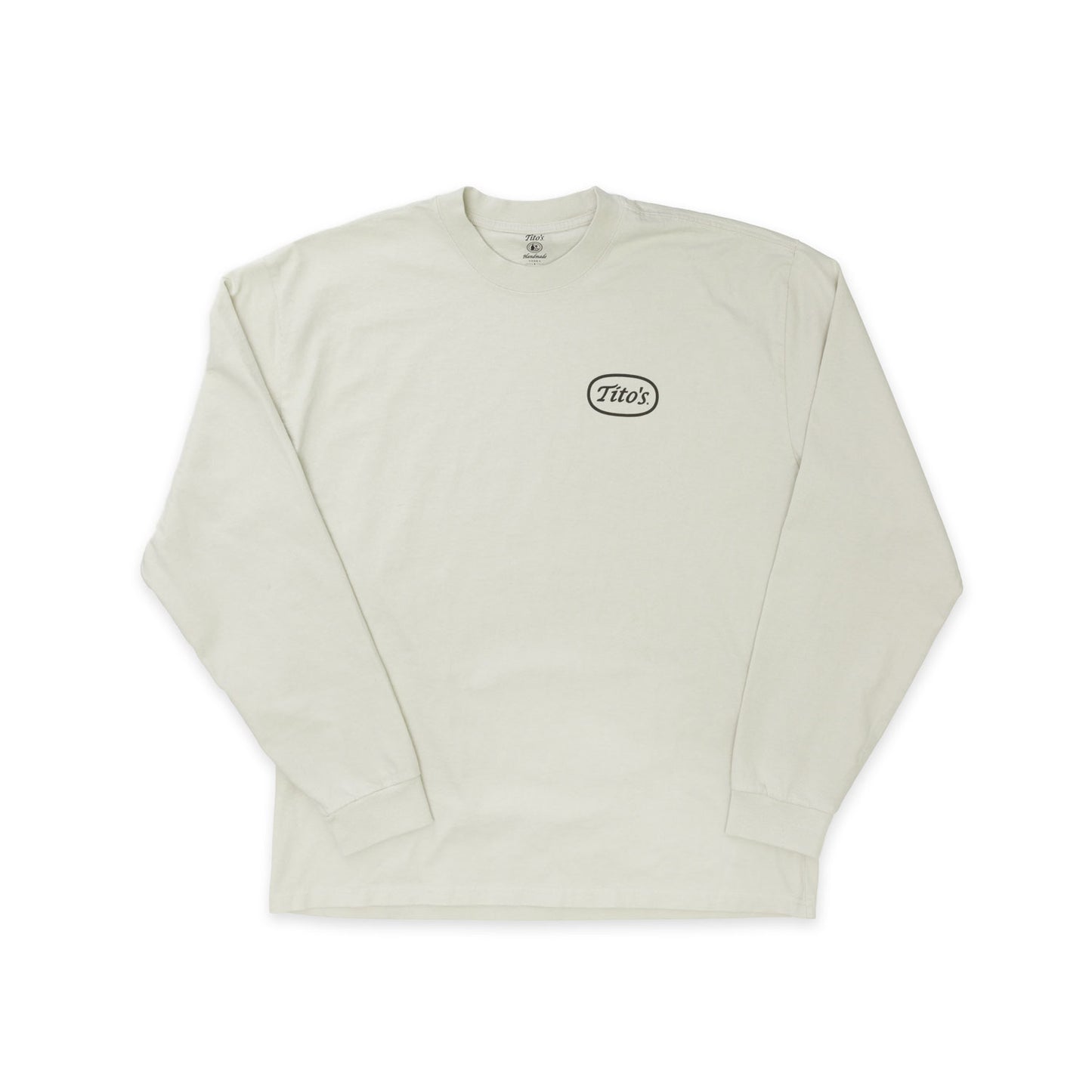 Front view of bone colored long sleeve with Tito's logo on the front chest