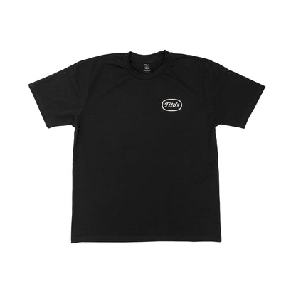 Front view of black shirt with Tito's logo on the front chest.
