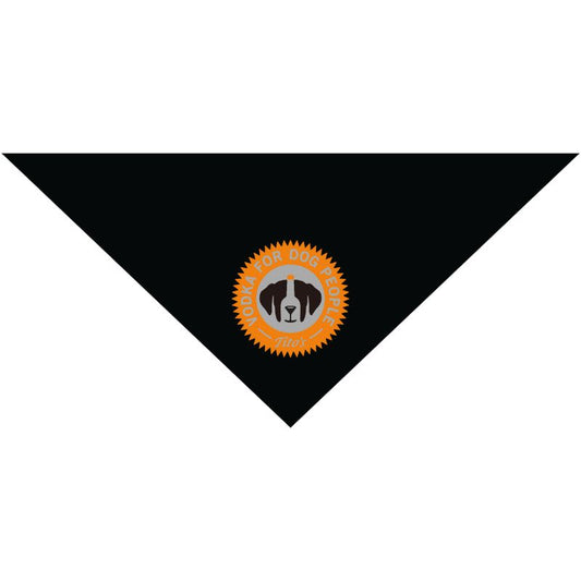 Black triangular dog bandana with a reflective Vodka for Dog People  logo in the center