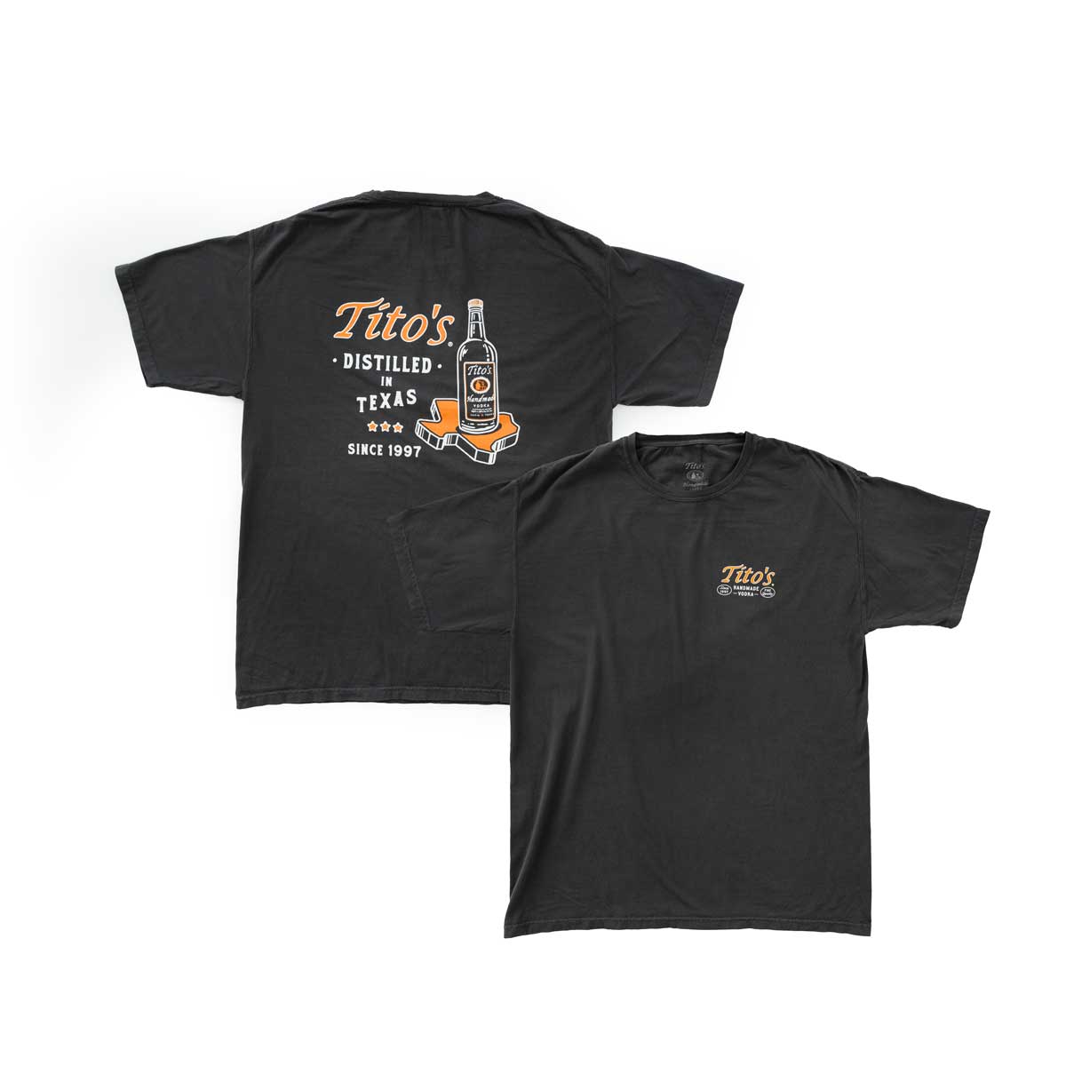 Front and back of slate grey short sleeve shirt with orange Tito's wordmark on front, and Tito's bottle on top of orange Texas outline, next to Tito's wordmark and "Distilled in Texas since 1997" text