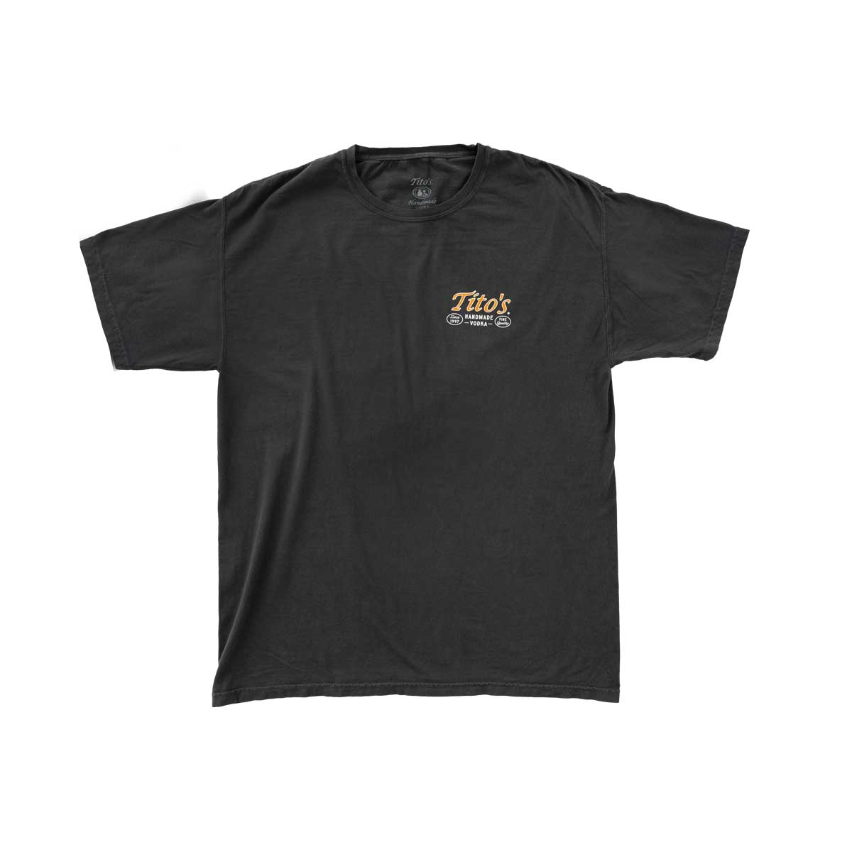 Front of slate grey short sleeve shirt with orange Tito's wordmark 