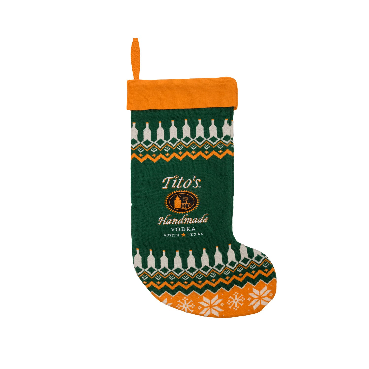 Green and orange Christmas stocking with Tito's Handmade Vodka logo and festive designs