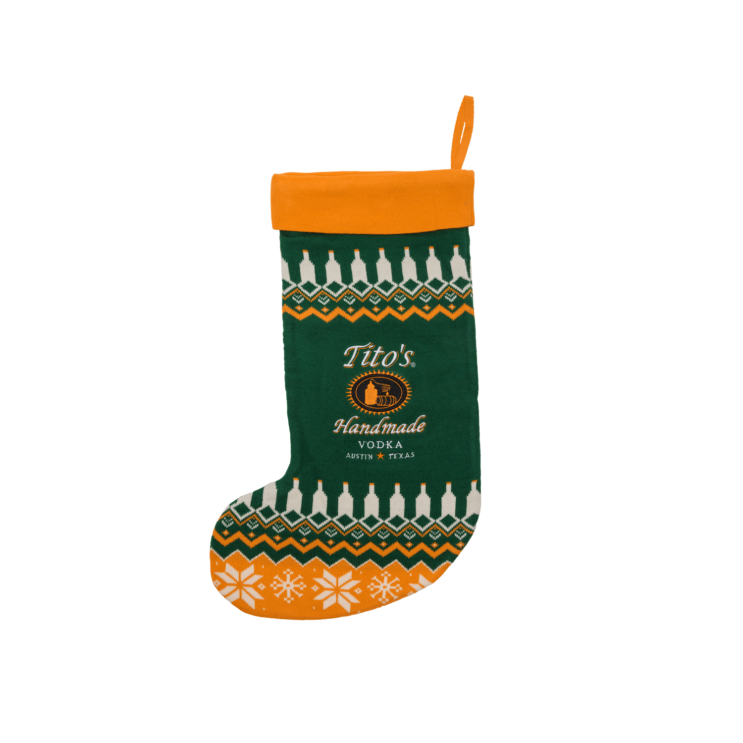 Green and orange Christmas stocking with Tito's Handmade Vodka logo and festive designs