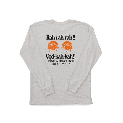 Back view of a heathered gray long sleeve with a graphic that says 'Rah-Rah-Rah!! Vod-kah-kah!! Tito's Handmade. Vodka Call of the Game' in black and two orange football helmets facing each other with Tito's wordmark inside. 