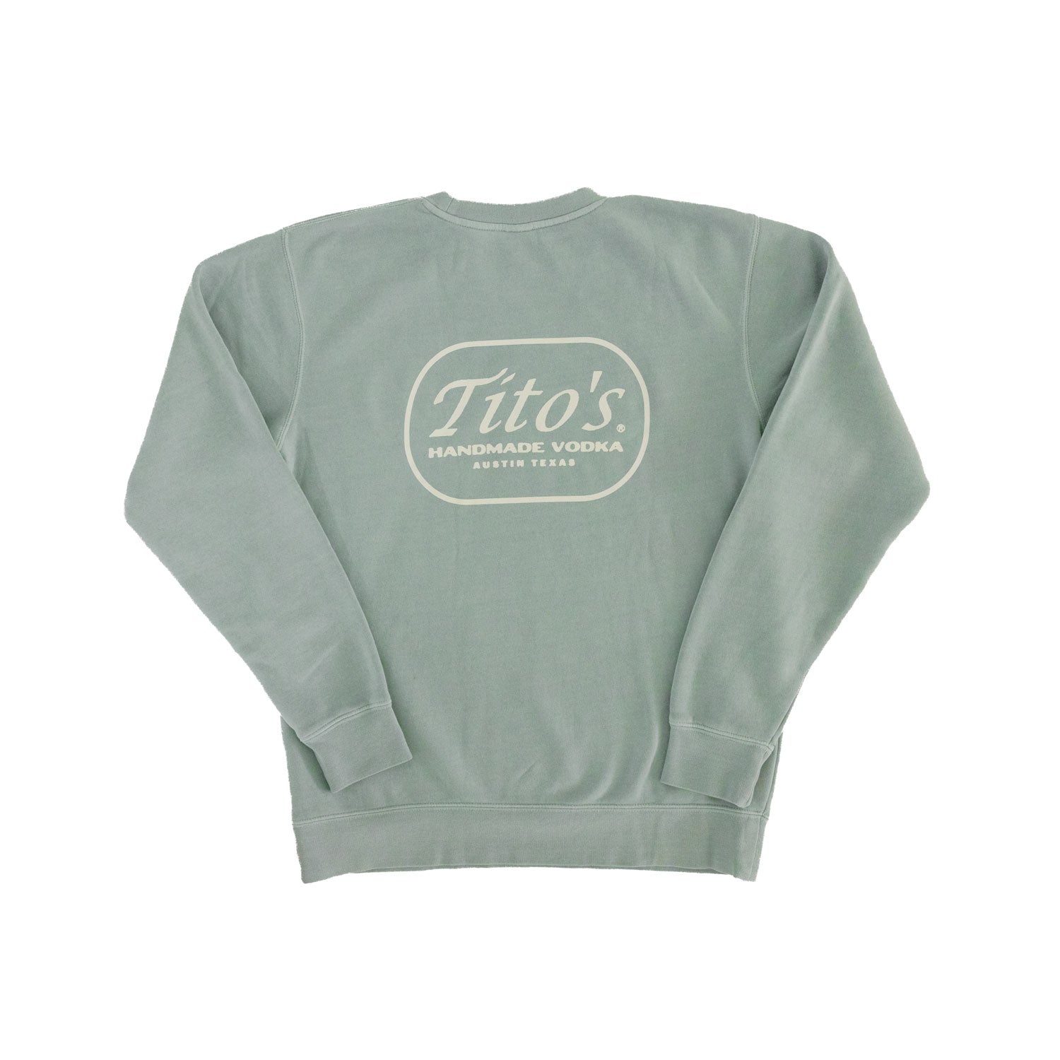 sage green crewneck pullover with Tito's Handmade Vodka and Austin, Texas badge