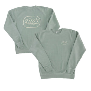 Front and back of sage green crewneck pullover with Tito's Handmade Vodka and Austin, Texas badge