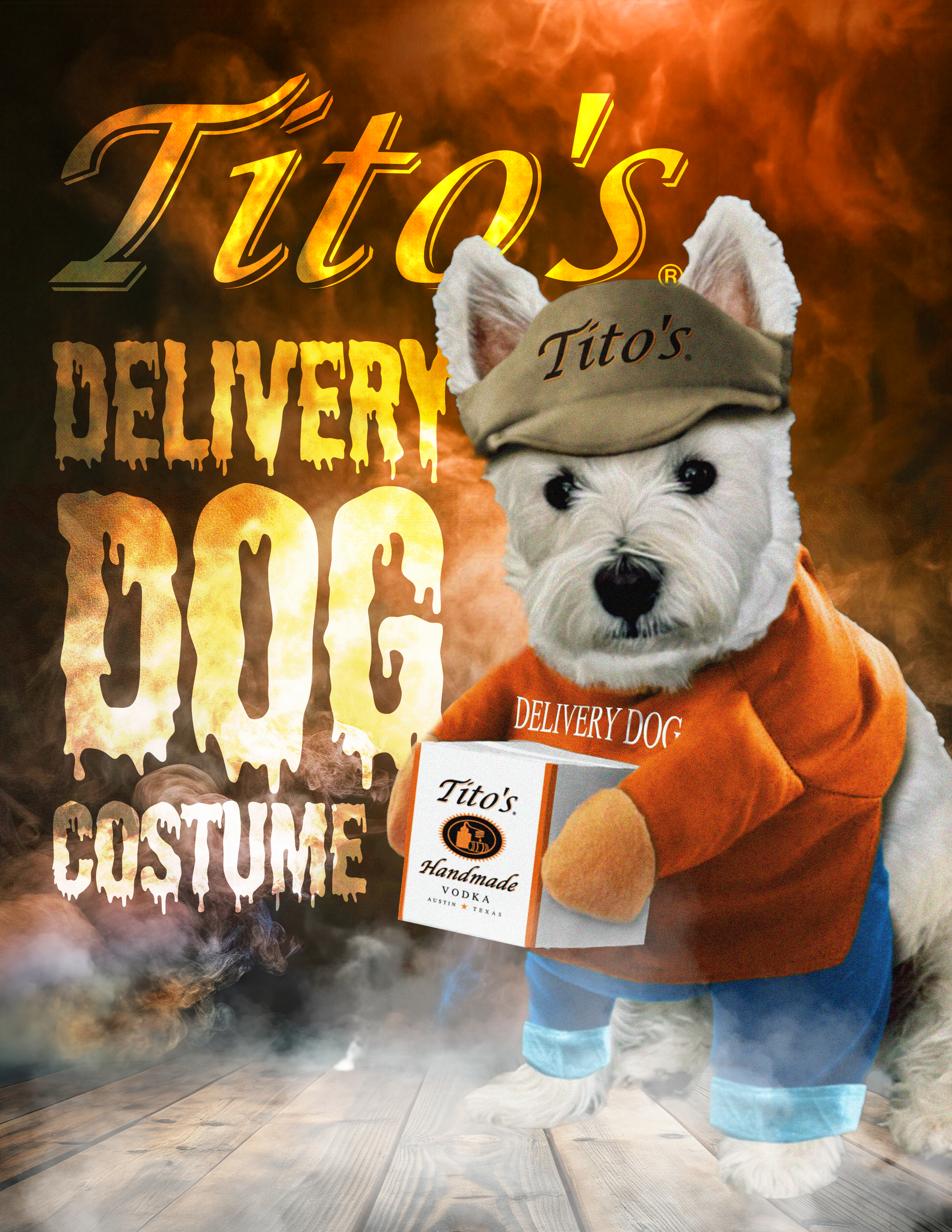 Westie dog wearing Tito's Delivery Dog Costume including cream visor with Tito's wordmark, Orange shirt with attached arms and pants, and one cubed Tito's box