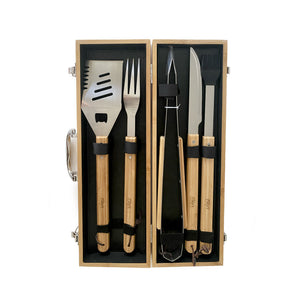 Grilling tools with Tito's word mark in bamboo box