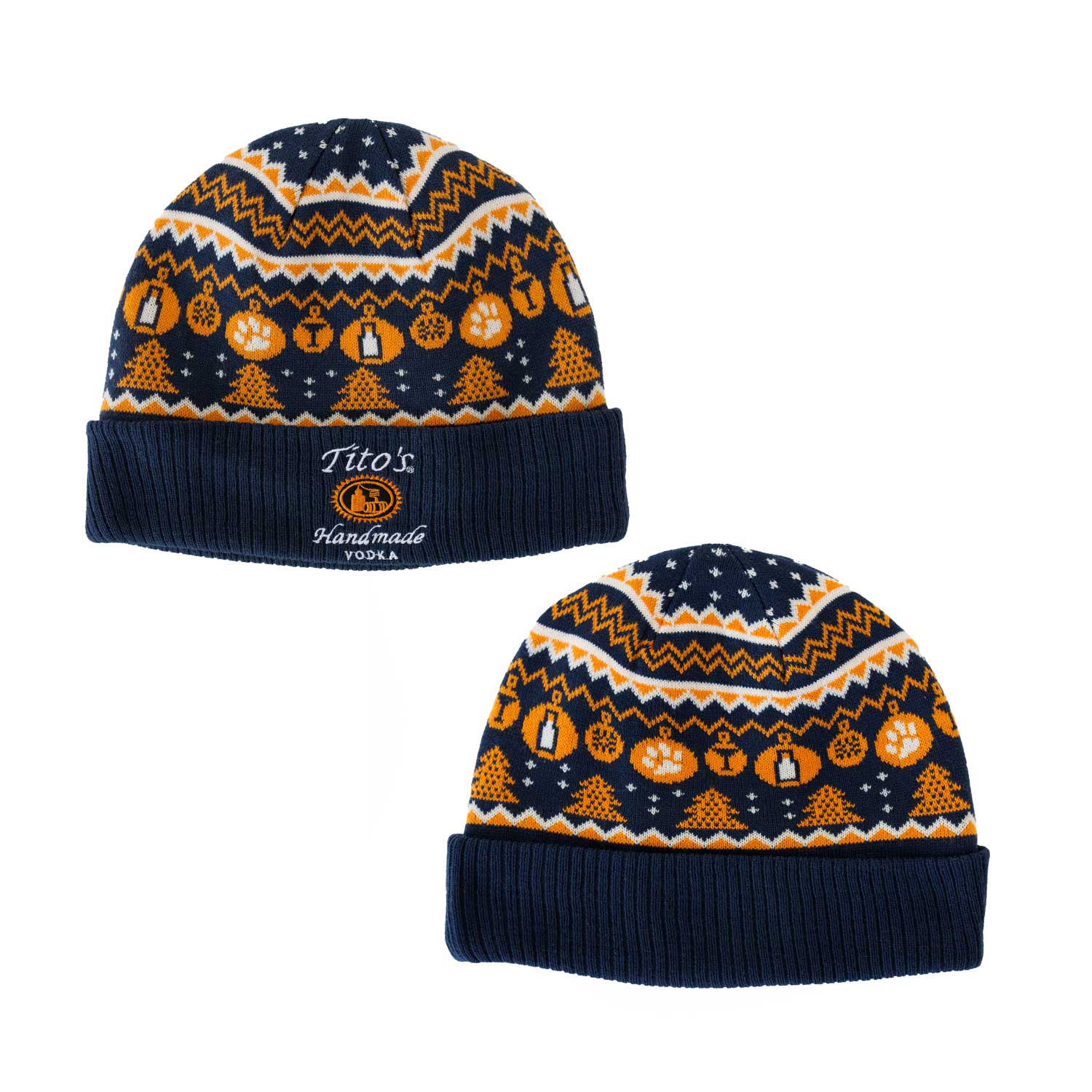 Navy blue Tito's beanie with orange holiday print