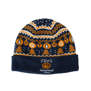 Navy blue Tito's beanie with orange holiday print