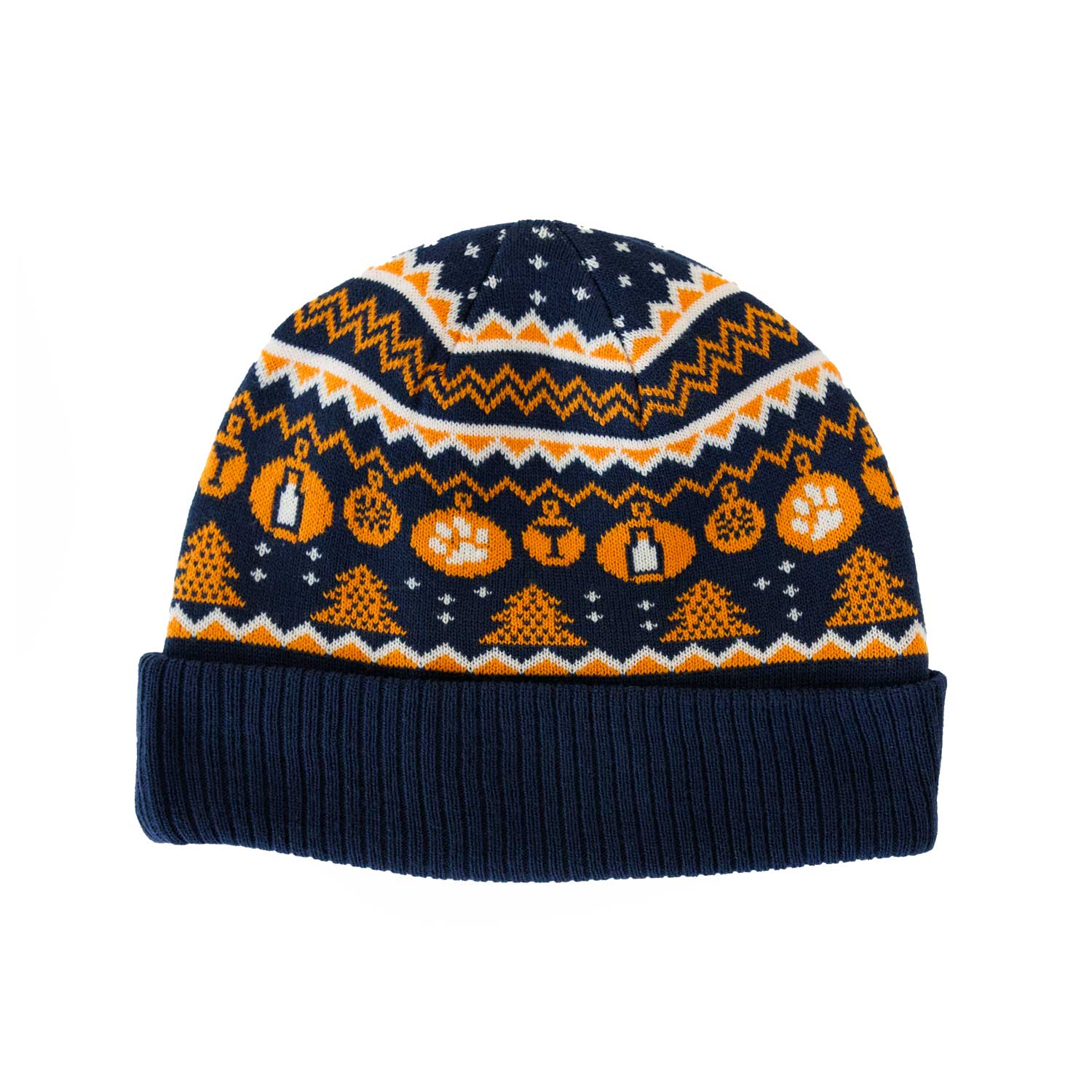 Navy blue Tito's beanie with orange holiday print