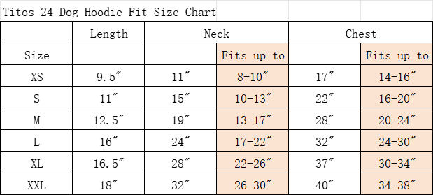 Size guide for Tito's Holiday Dog Hoodie