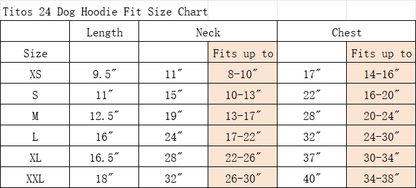 Size guide for Tito's Holiday Dog Hoodie