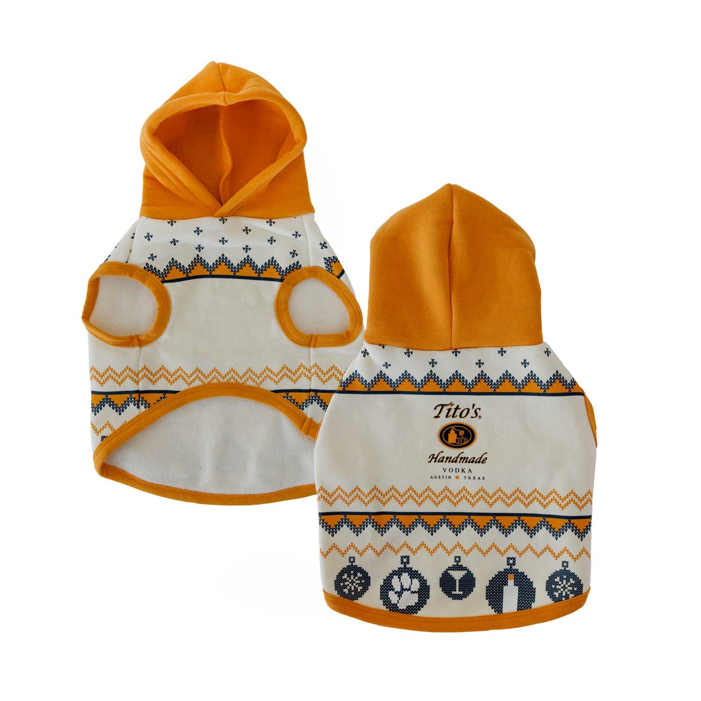 Front and back view of cream dog hoodie with orange hood and blue ornaments printed with paw print, martini, bottle, and snowflakes with Tito's Handmade Vodka logo in the center of sweater