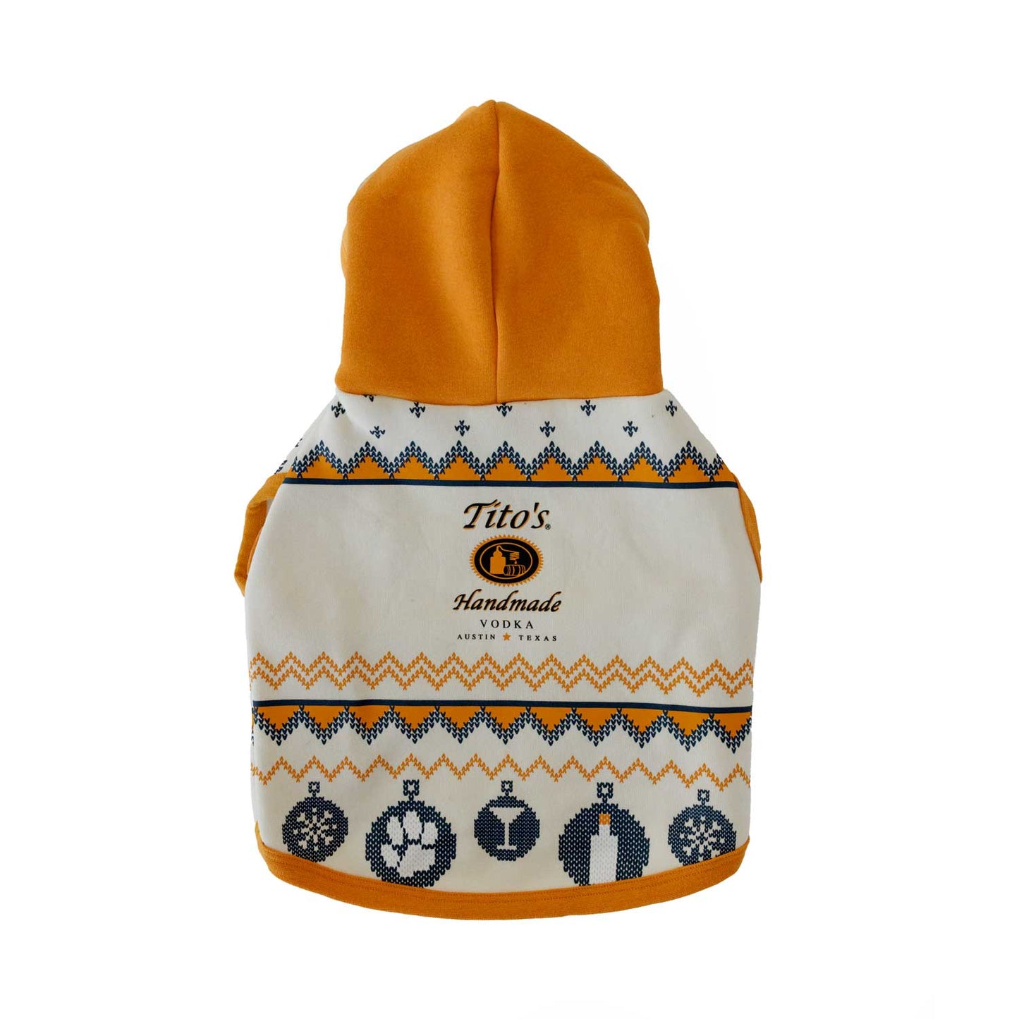 Front view of cream dog hoodie with orange hood and blue ornaments printed with paw print, martini, bottle, and snowflakes with Tito's Handmade Vodka logo in the center of sweater