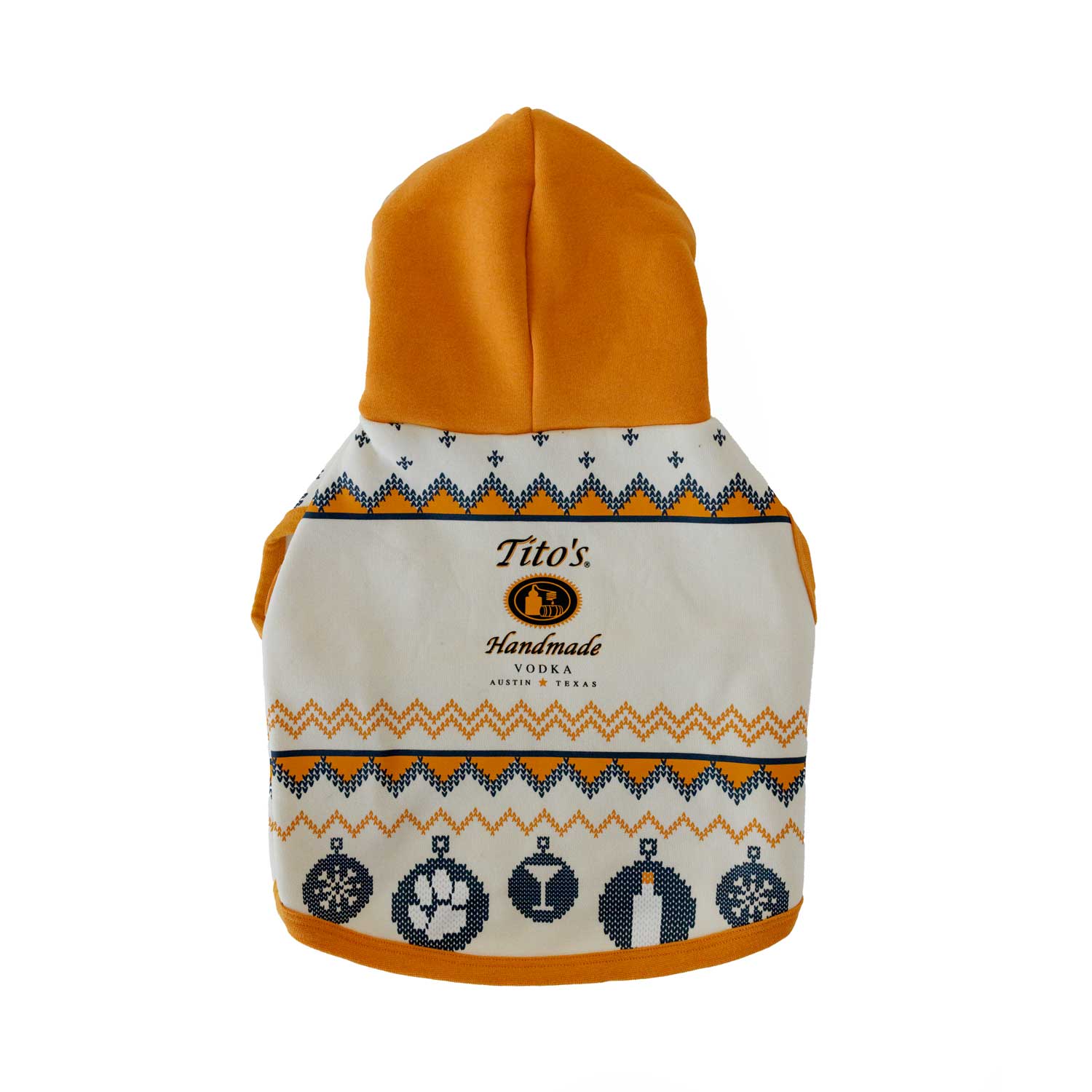 Front view of cream dog hoodie with orange hood and blue ornaments printed with paw print, martini, bottle, and snowflakes with Tito's Handmade Vodka logo in the center of sweater