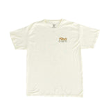 Front of cream short sleeve shirt with orange Tito's wordmark