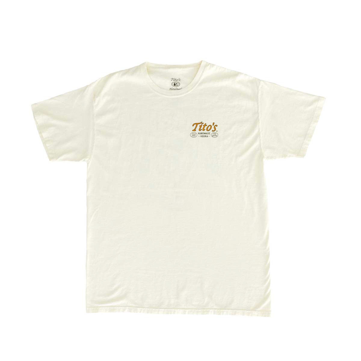 Front of cream short sleeve shirt with orange Tito's wordmark