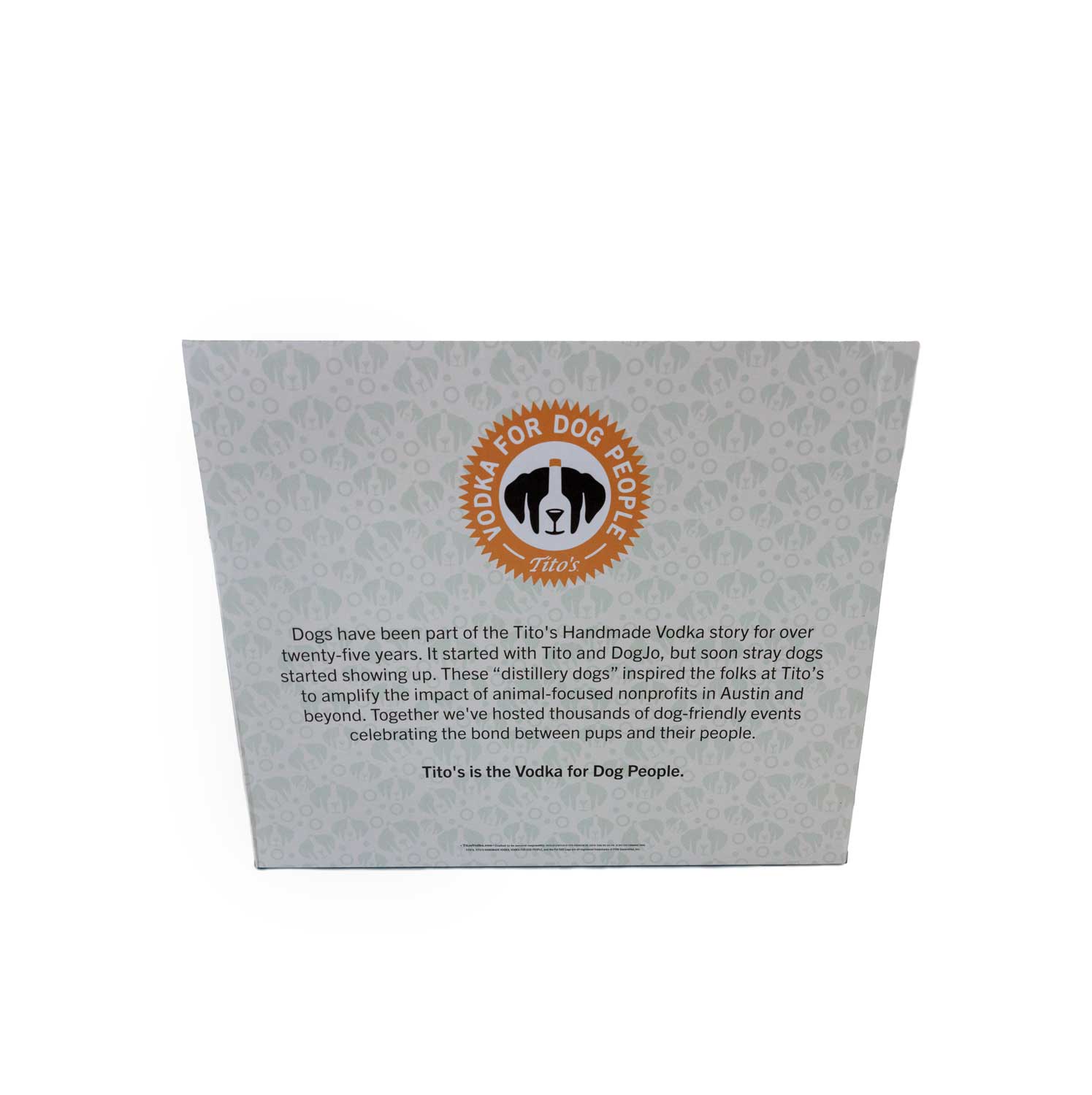 Back of Puptail kit box with Vodka for Dog People logo and history of Tito's and dogs 