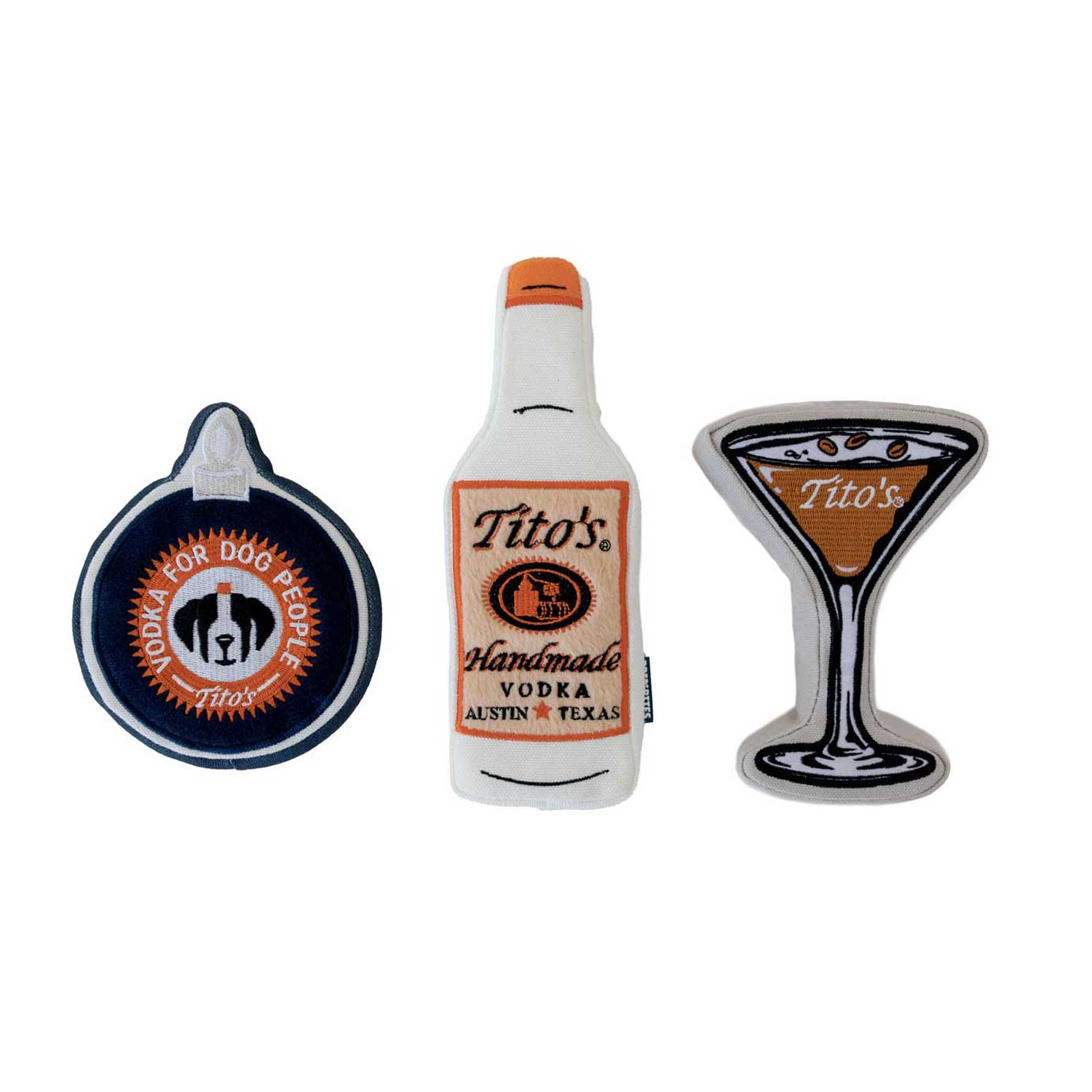 Front view of Tito's Vodka For Dog People Ornament squeeze toy, Tito's Bottle Toy, and Tito's Espresso Martini Puptail squeeze toy