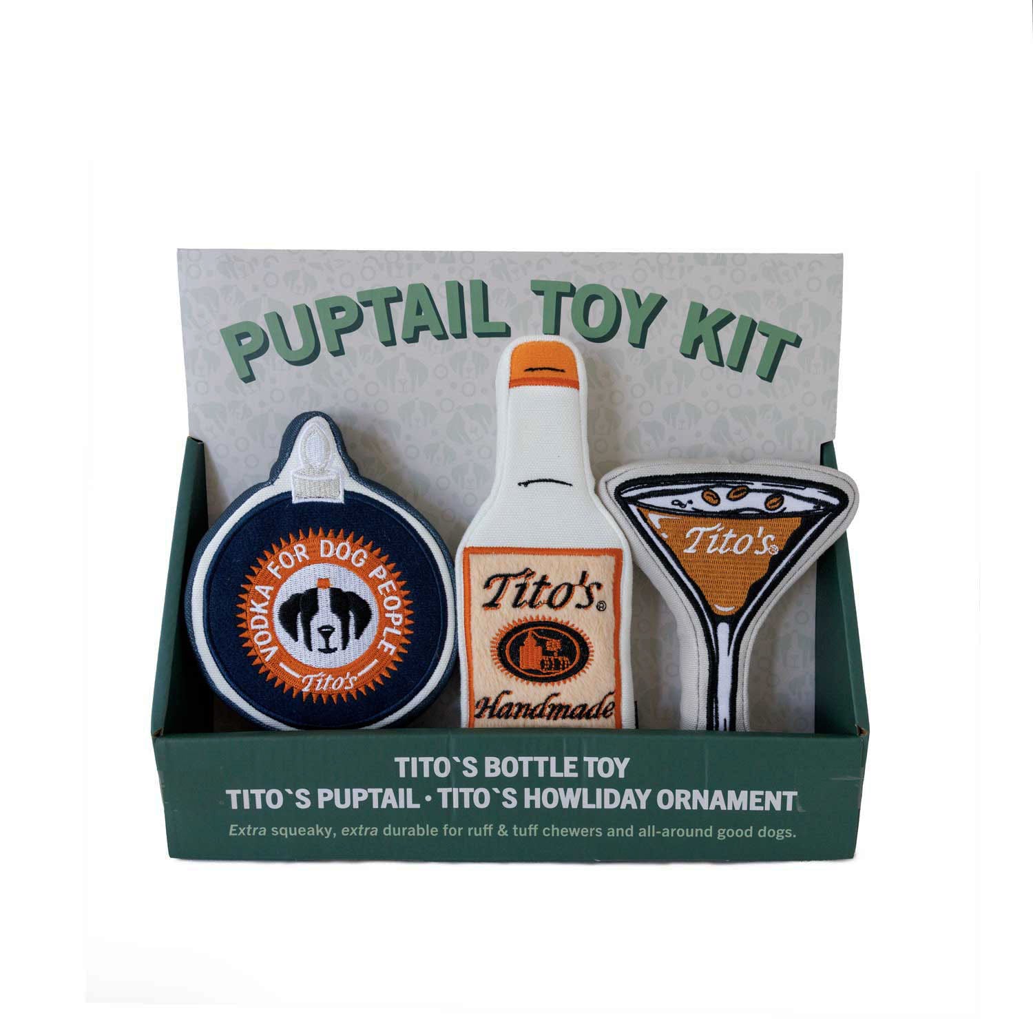 Tito's Puptail Toy Kit with Tito's Vodka For Dog People Ornament squeeze toy, Tito's Bottle Toy, and Tito's Espresso Martini Puptail squeeze toy