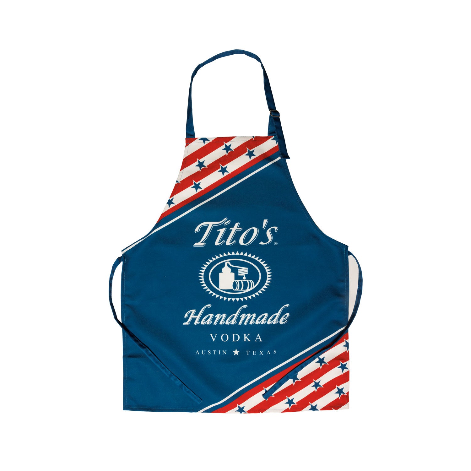 Red, white, and blue apron with Tito's Handmade Vodka logo