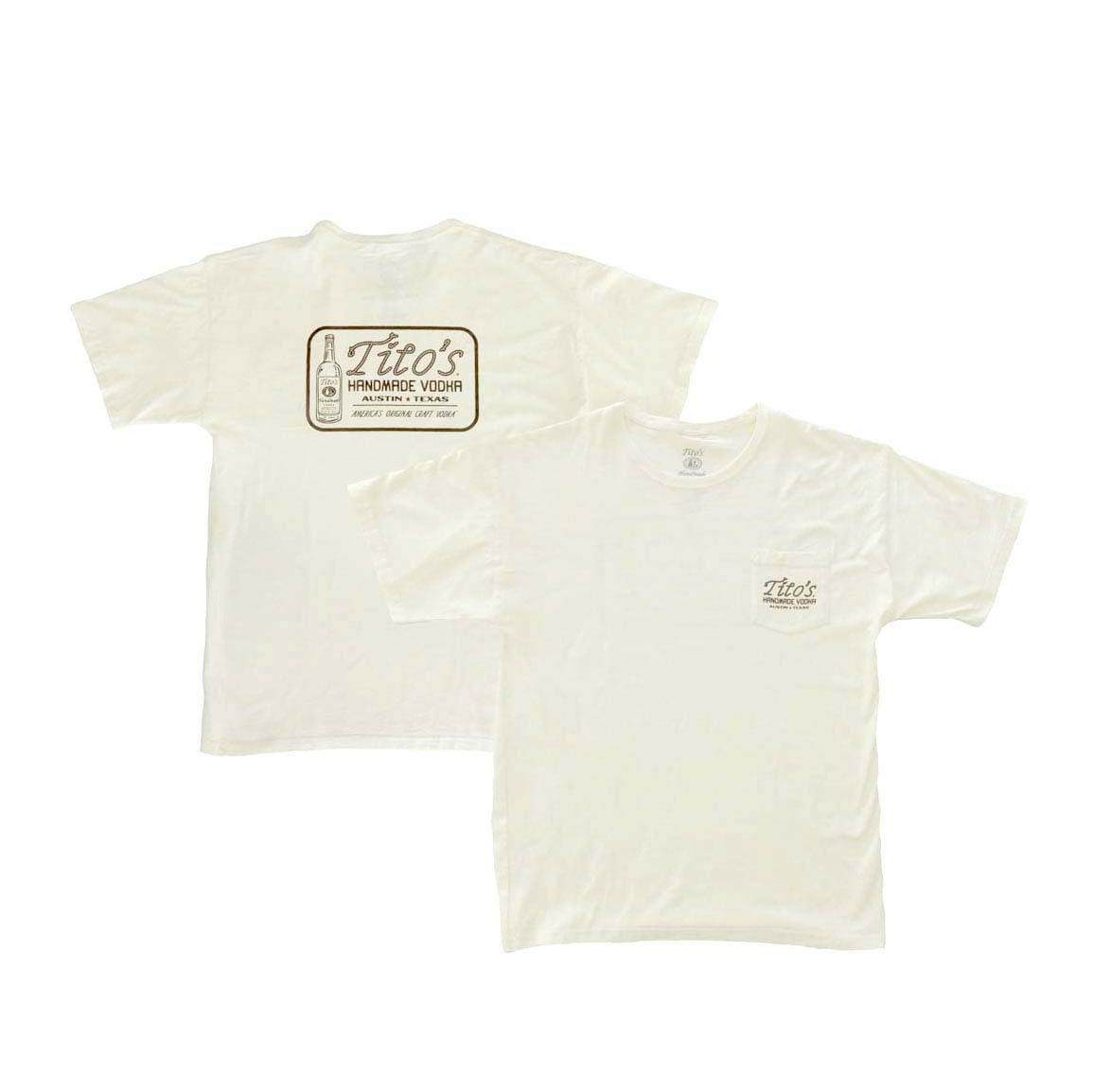 Front and back of cream short sleeve shirt with pocket on front with Tito's wordmark, back has Tito's in rope outline on top of text "Handmade Vodka Austin, Texas" next to a Tito's bottle 