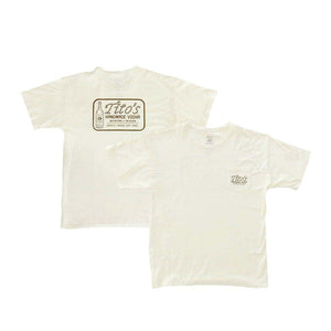 Front and back of cream short sleeve shirt with pocket on front with Tito's wordmark, back has Tito's in rope outline on top of text "Handmade Vodka Austin, Texas" next to a Tito's bottle 