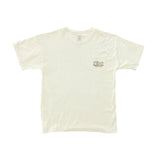 Front of cream short sleeve shirt with pocket on front with Tito's wordmark in rope outline