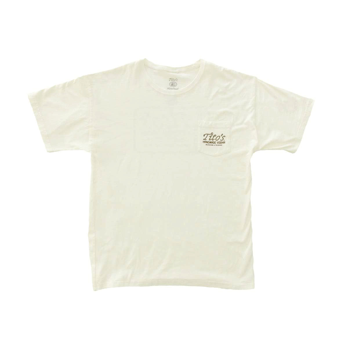 Front of cream short sleeve shirt with pocket on front with Tito's wordmark in rope outline