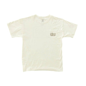 Front of cream short sleeve shirt with pocket on front with Tito's wordmark in rope outline