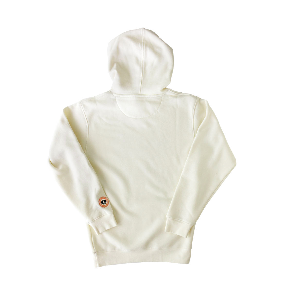 Back view of cream hoodie with small Vodka For Dog People logo on left sleeve