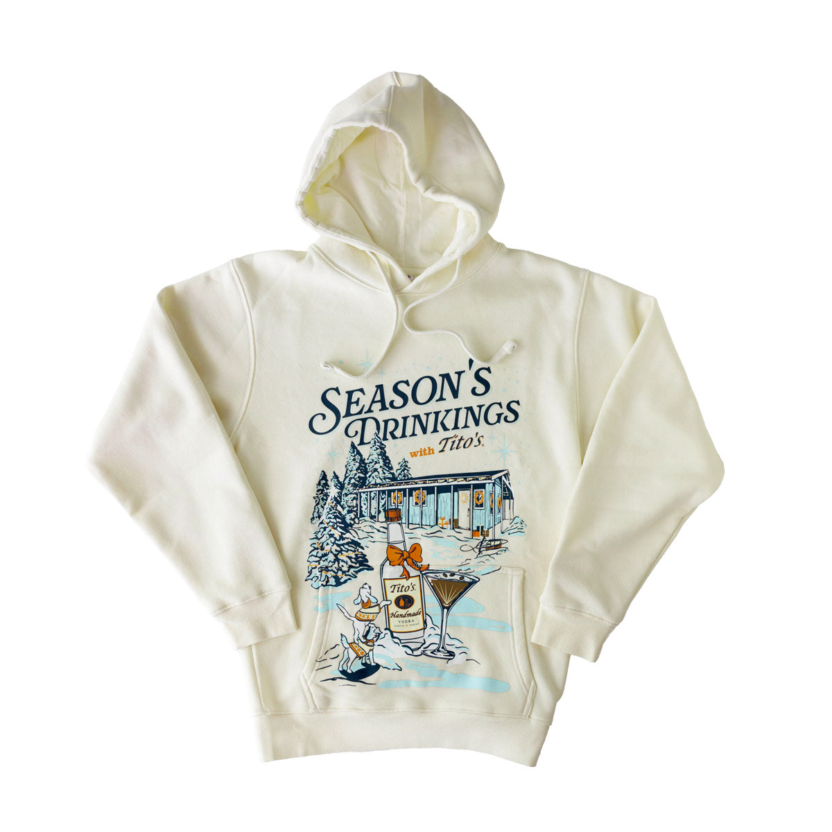 Front view of cream hoodie with Season's Drinkings with Tito's text, a picture of the Mockingbird Distillery and trees covered in snow, with two dogs, a Tito's bottle with a bow, and espresso martini