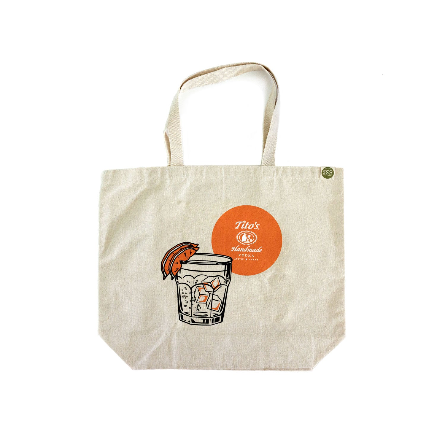 Tote bag with Tito's Handmade Vodka logo and illustration of a cocktail