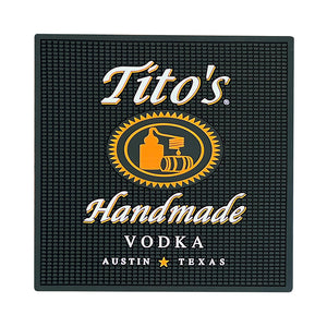 Black Tito's square bar mat with Tito's Handmade Vodka logo in white and orange