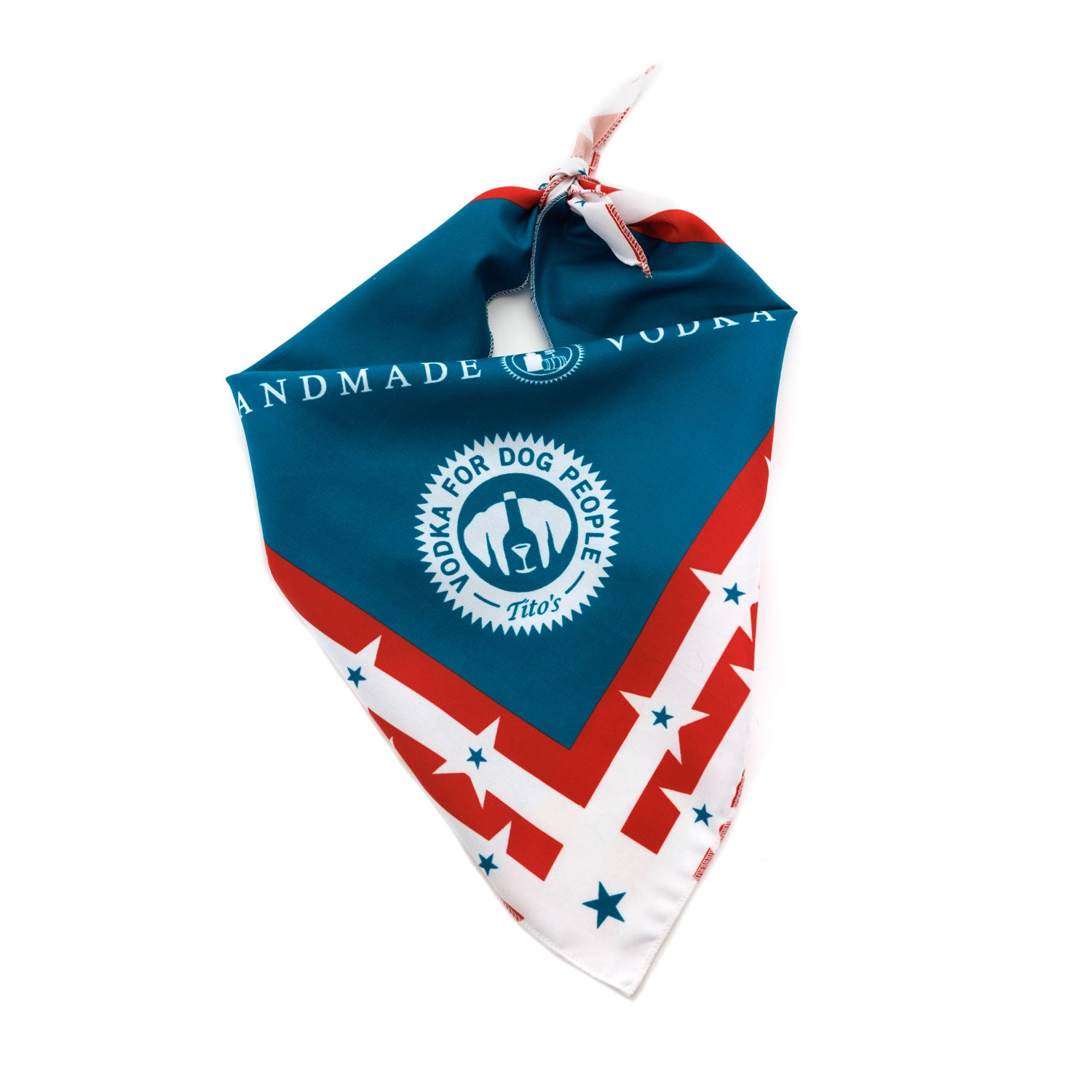 Folded Red, white, and blue bandana with Tito's Handmade Vodka and Vodka for Dog People logo