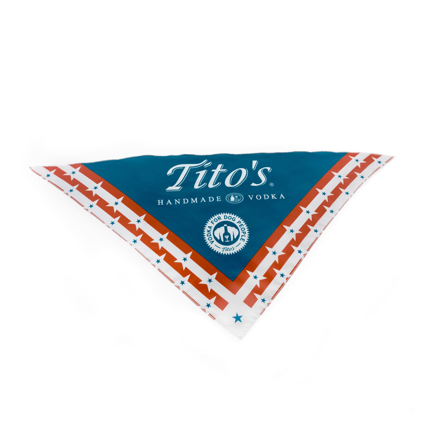 Red, white, and blue bandana with Tito's Handmade Vodka and Vodka for Dog People logo
