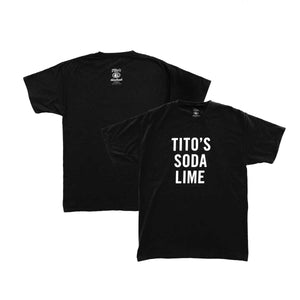 Black colored t-shirt with Tito's Soda Lime white text on the front and small Tito's Handmade Vodka logo on the back