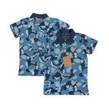 Front and Back view of Navy camouflage polo with Tito's Handmade Vodka bottle and pot still designs, William Murray logo on front, and William Murray wordmark on back