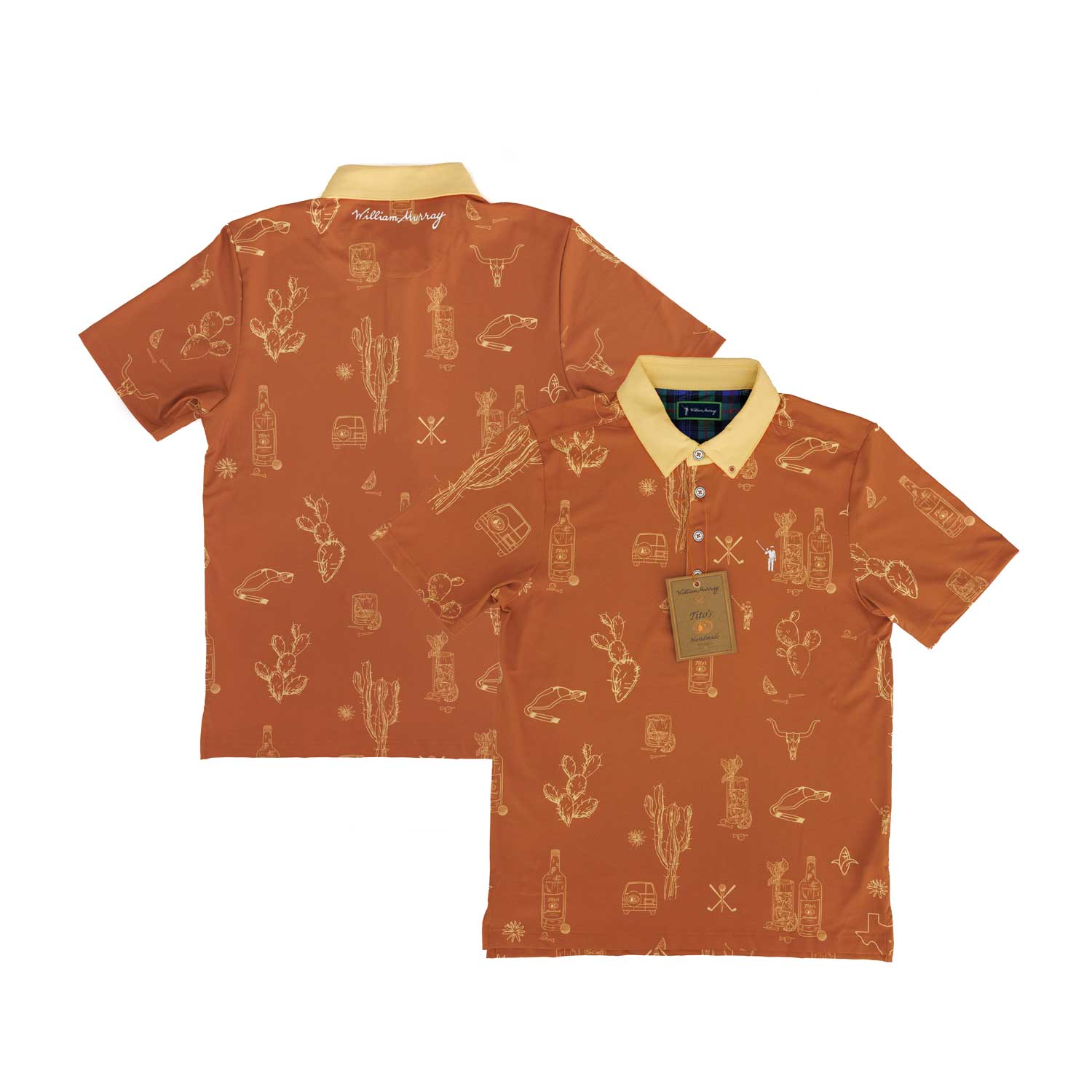 Front and back of orange polo with yellow collar, Tito’s Handmade Vodka, golf, and Texas illustrations, and William Murray logo and wordmark