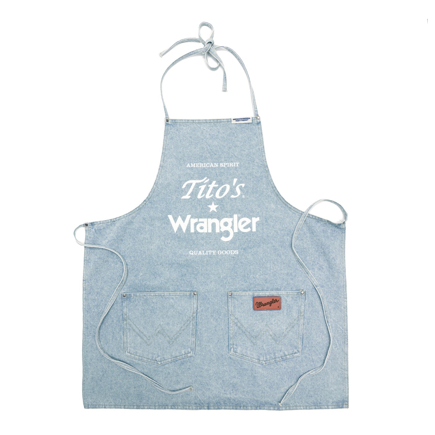 denim apron with 2 wrangler pockets and Tito's and Wrangler branding on the chest