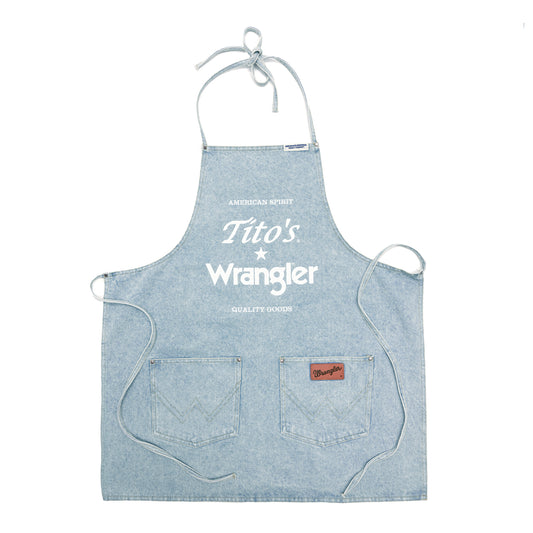 denim apron with 2 wrangler pockets and Tito's and Wrangler branding on the chest