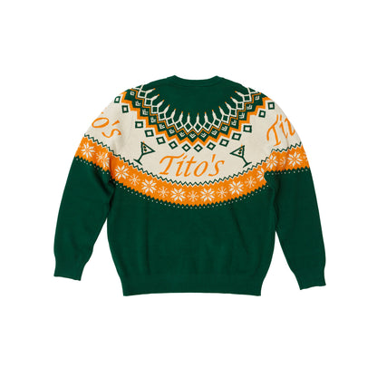 back of Green sweater with orange and white Tito's festive design around the top half including the Tito's wordmark, Tito's dirty martini's, snowflakes, and a stand of lights made out of Tito's bottles