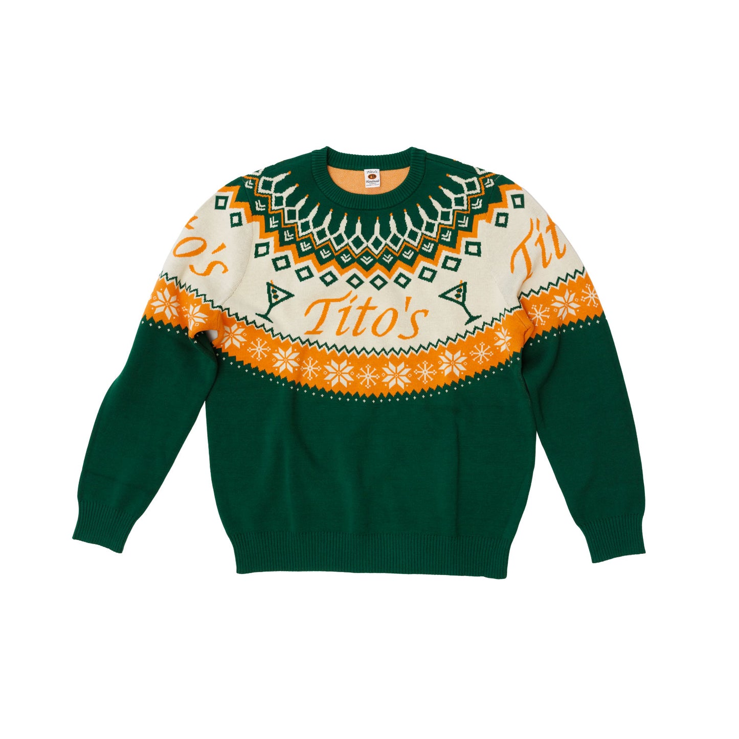 front of Green sweater with orange and white Tito's festive design around the top half including the Tito's wordmark, Tito's dirty martini's, snowflakes, and a stand of lights made out of Tito's bottles