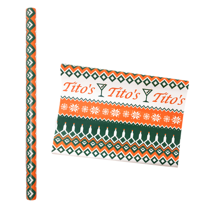 Tito's wrapping paper with decorative pattern of Tito's wordmark, martini's, and a strand of lights made out of Tito's bottles. 