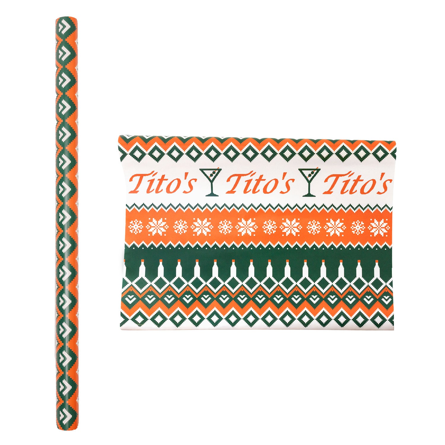 Tito's wrapping paper with decorative pattern of Tito's wordmark, martini's, and a strand of lights made out of Tito's bottles. 