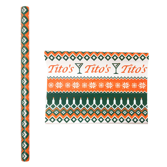 Tito's wrapping paper with decorative pattern of Tito's wordmark, martini's, and a strand of lights made out of Tito's bottles. 