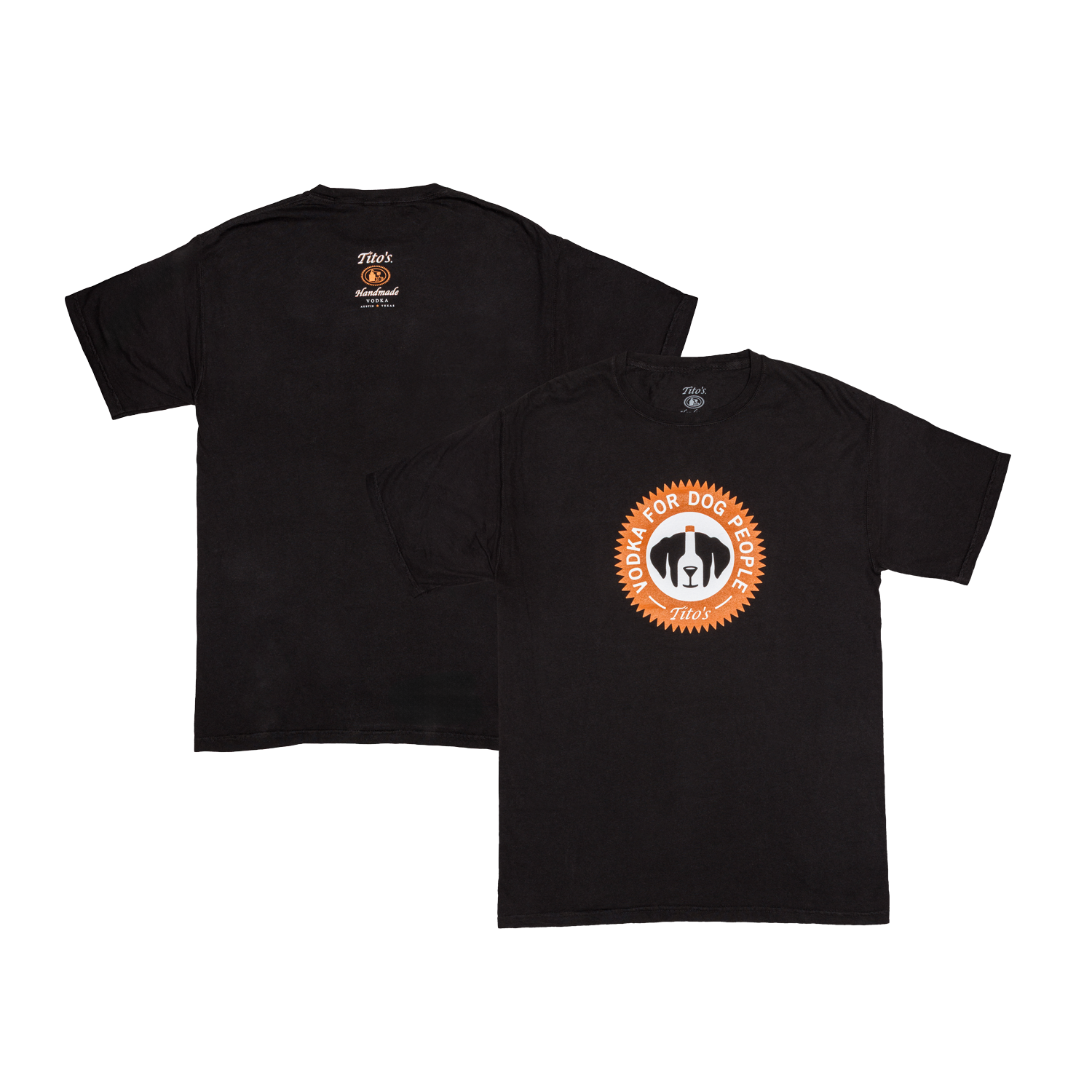 Front and Back view of a Black t-shirt with orange and white Vodka for Dog People logo centered on the front chest and the Tito's Handmade Vodka logo small in the middle of the top back shirt. 