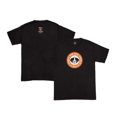Front and Back view of a Black t-shirt with orange and white Vodka for Dog People logo centered on the front chest and the Tito's Handmade Vodka logo small in the middle of the top back shirt. 